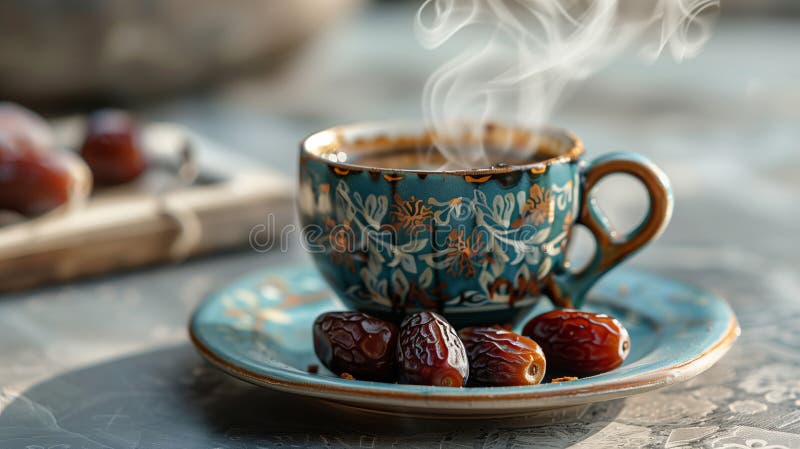  كوب قهوة مزخرف يقدم مع تمر على طبق أنيق مع التمر